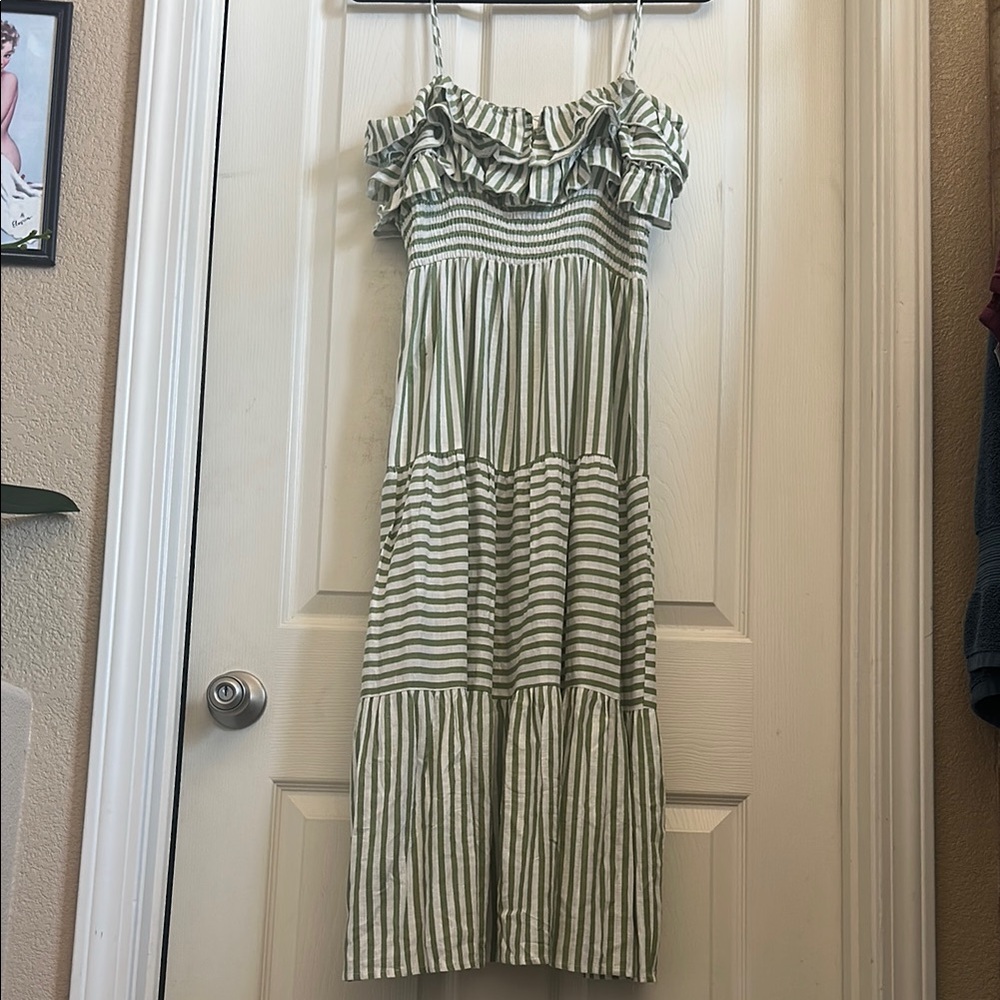 Zara Green Striped Dress with Ruffles